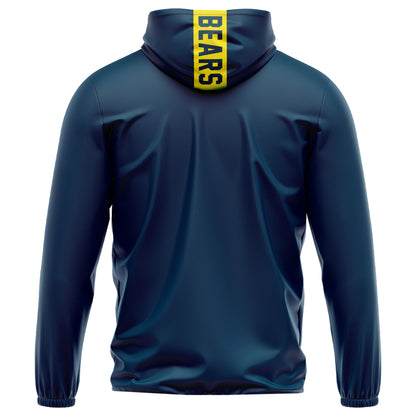 Back view of a navy blue hoodie with a yellow vertical stripe on the hood featuring the word BEARS
