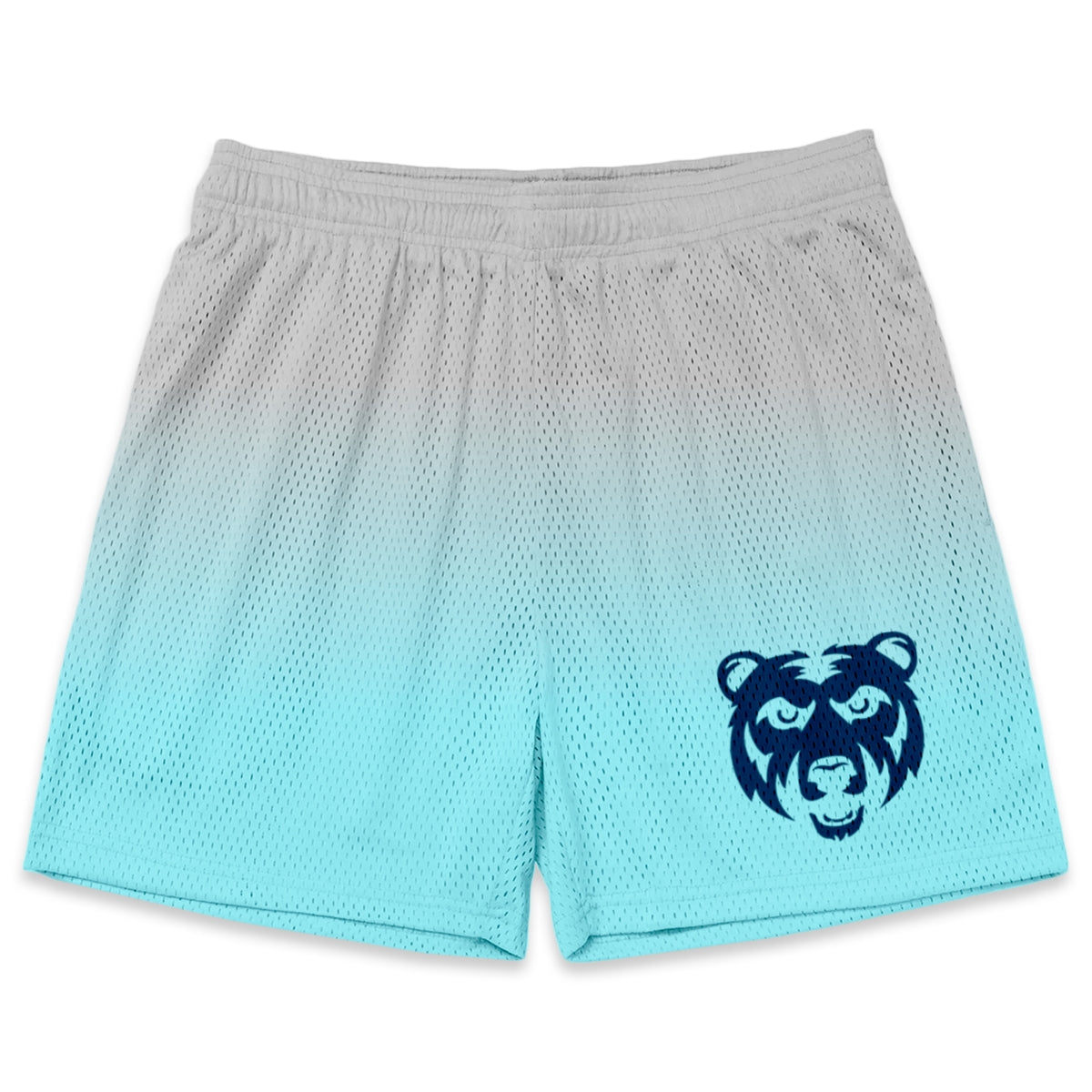 Grey and light blue mesh athletic shorts with a dark blue bear head graphic