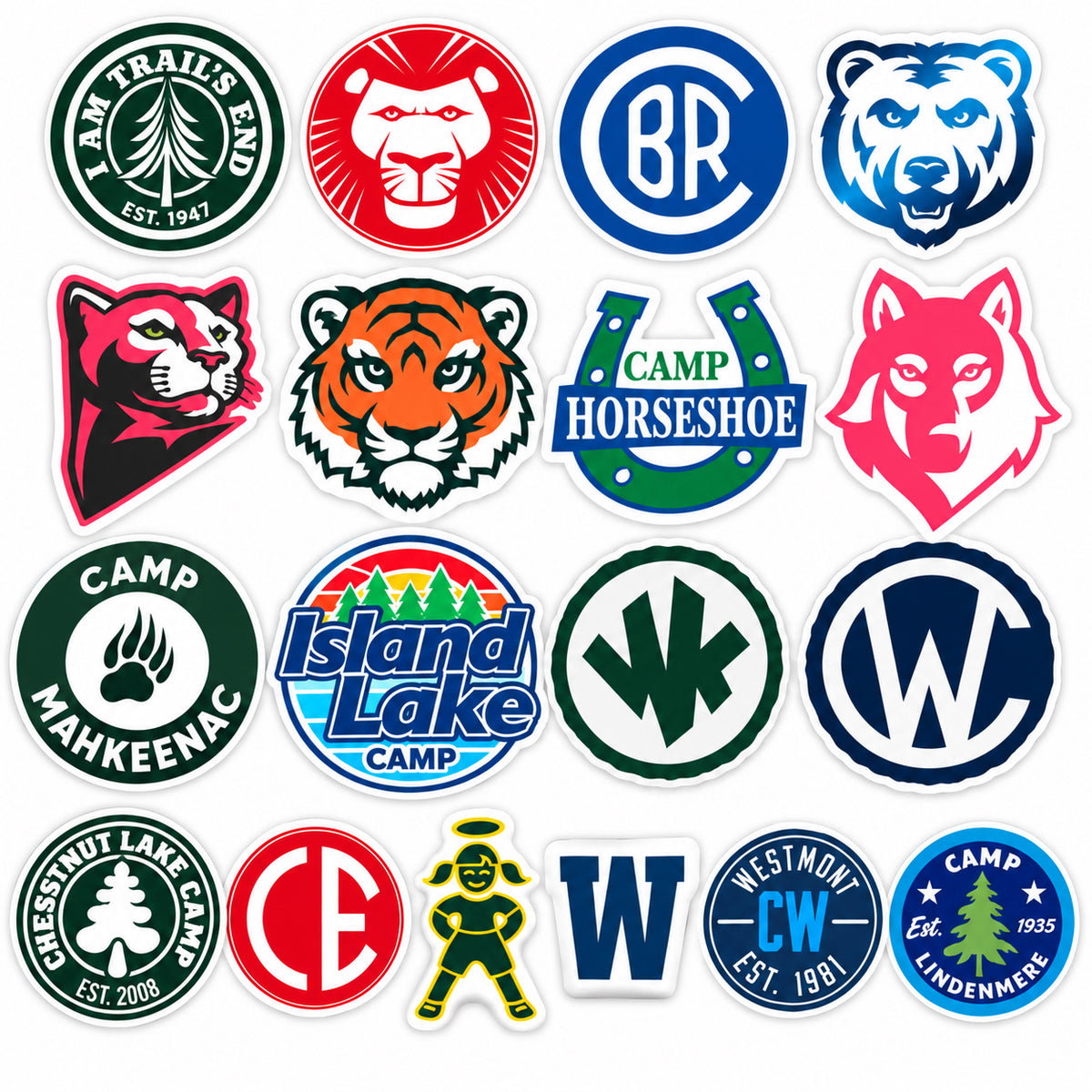 Collection of sixteen circular and shaped camp logo stickers featuring animals and text