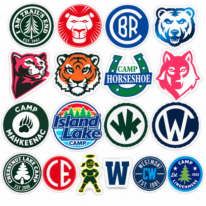 Collection of sixteen circular and shaped camp logo stickers featuring animals and text